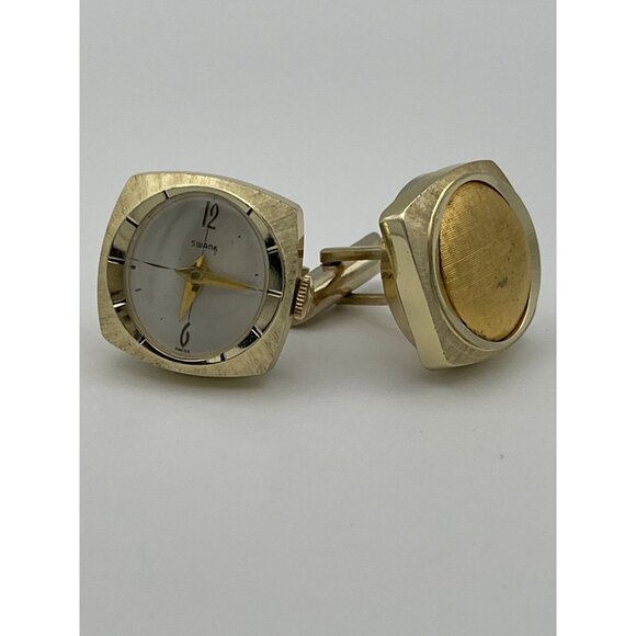 Swank Cufflinks Satin Shiny Gold Tone Watch 1" - Picture 1 of 6